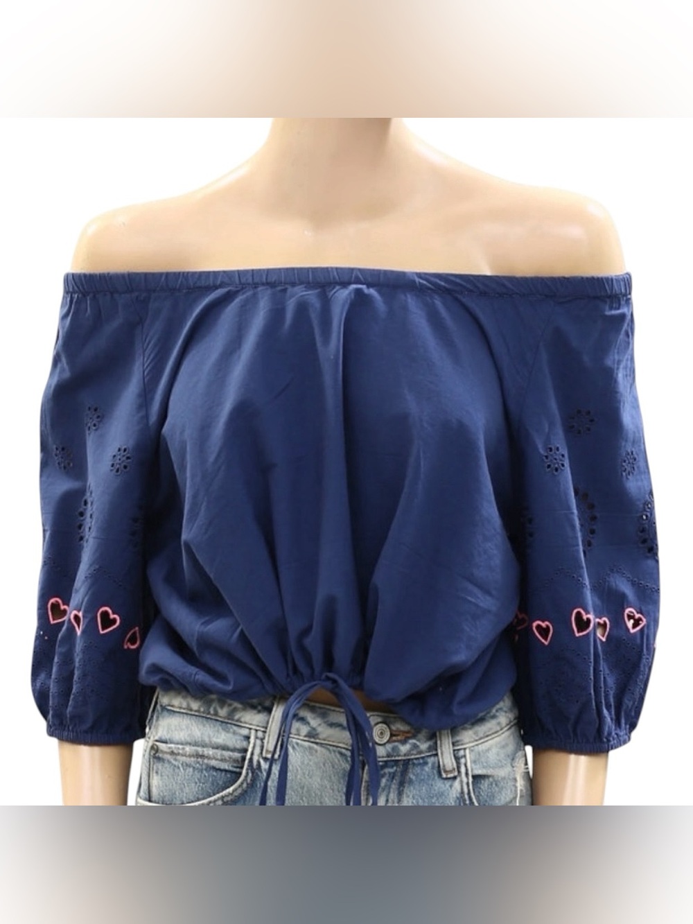 Kerri Rosenthal Lizzie Cotton Eyelet Hearts Puff Sleeve On/Off Shoulder Top